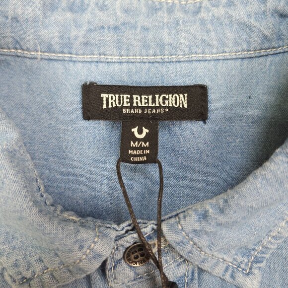 True Religion Light Blue Chambray Long Sleeve Shirt M Snaps Denim Chest Pockets - Picture 5 of 13